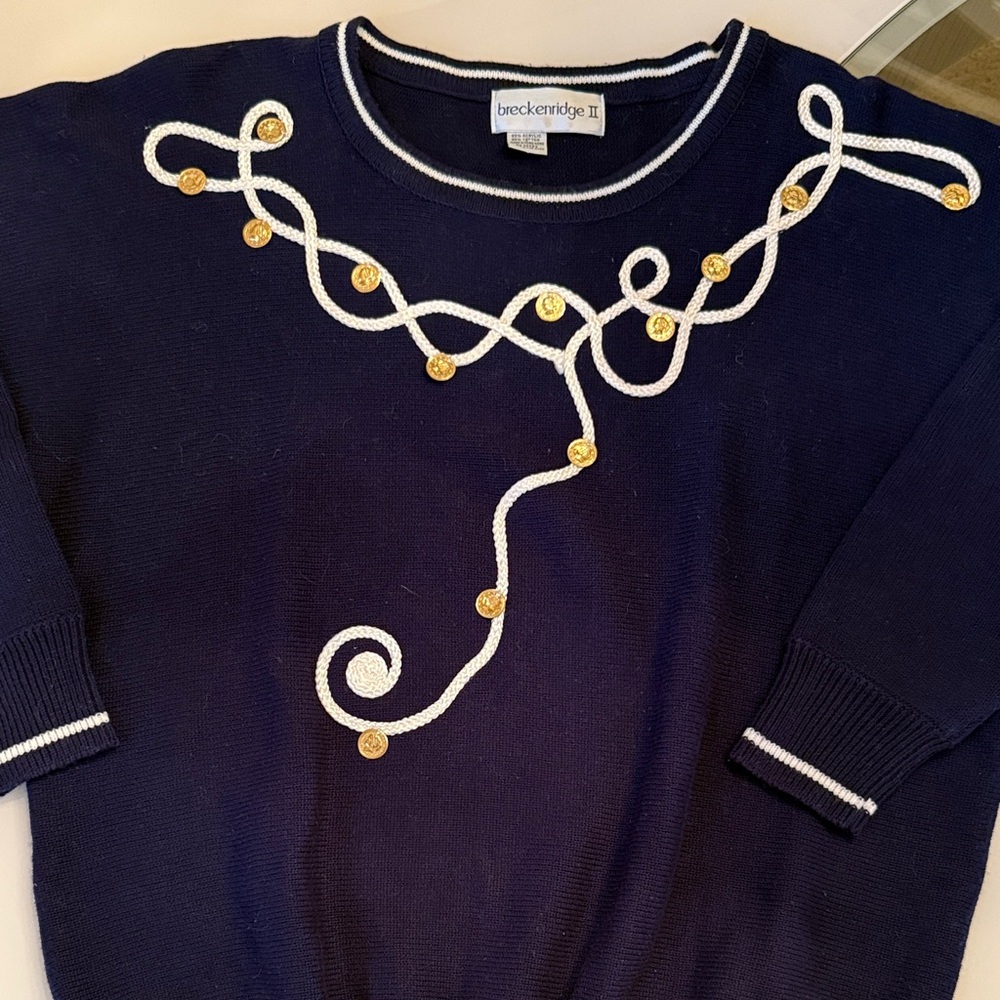 Breckenridge Women's Navy Sweater with White and Gold Details